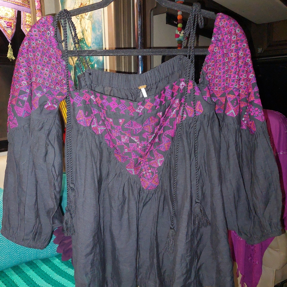 Free People Black Peasant Blouse with Magenta Embroidery